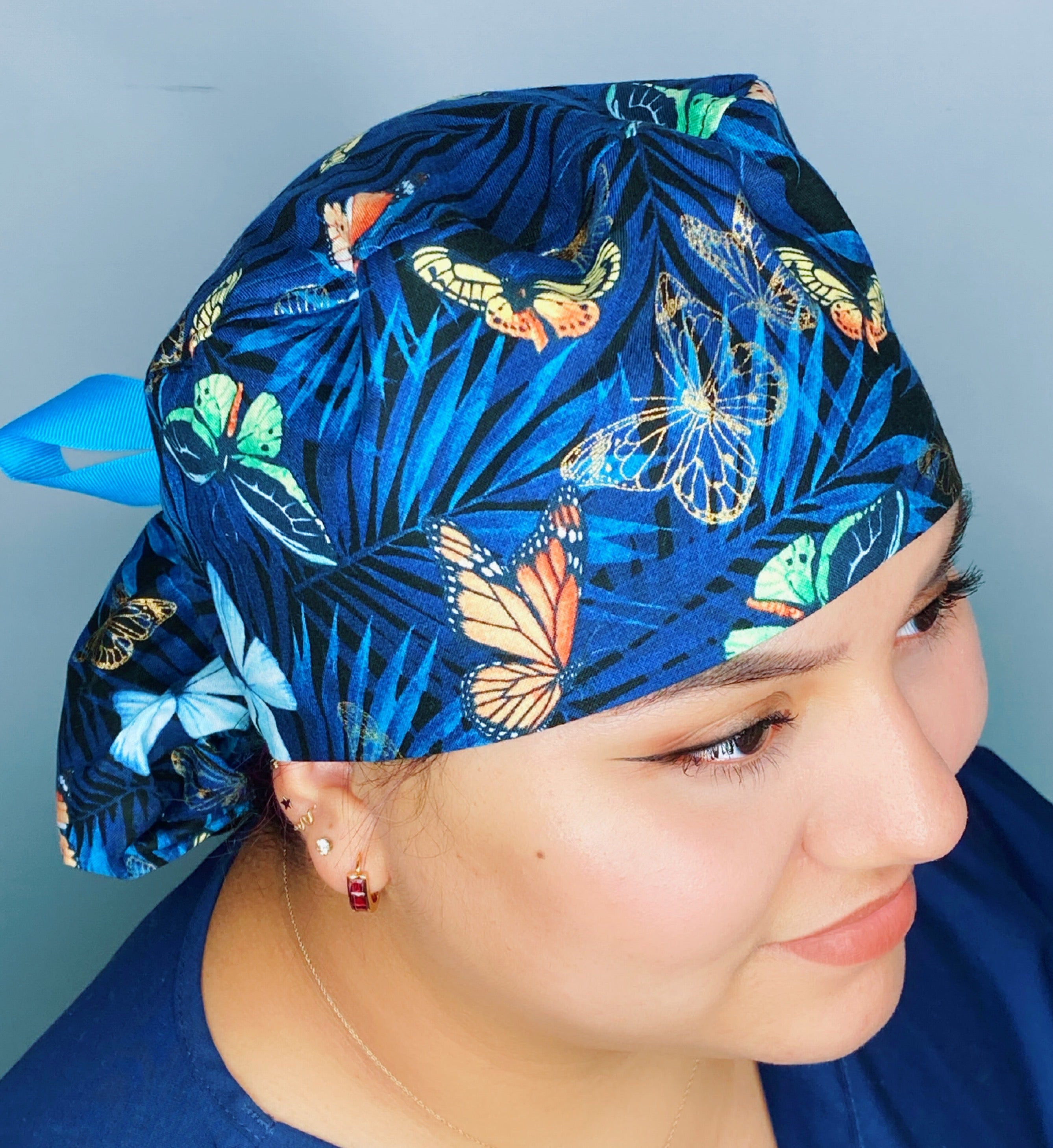 Metallic Colorful Butterflies on Tropical Navy Blue Animal Ponytail