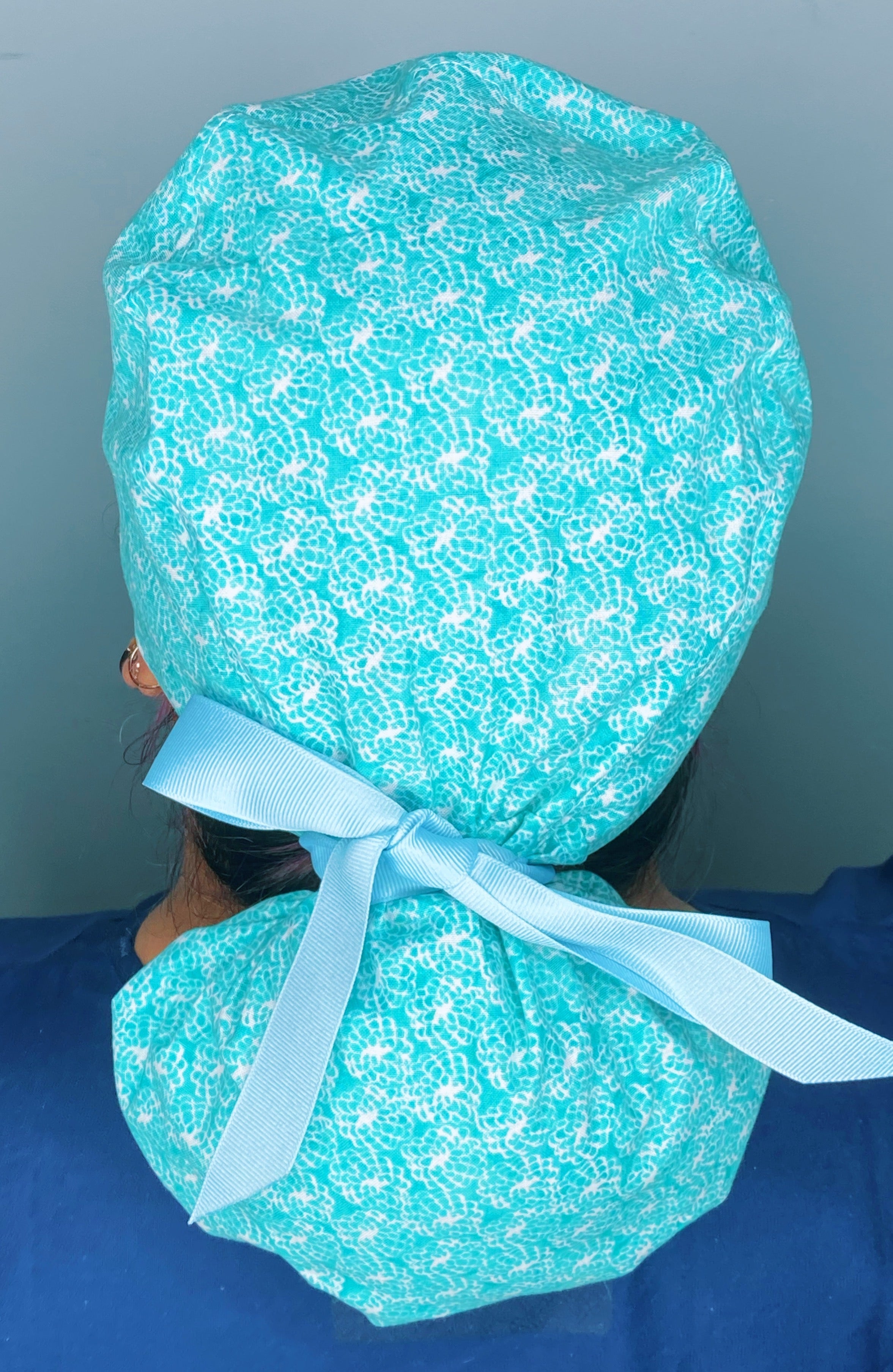 Small Little Delicate White Flowers on Aqua Floral Ponytail