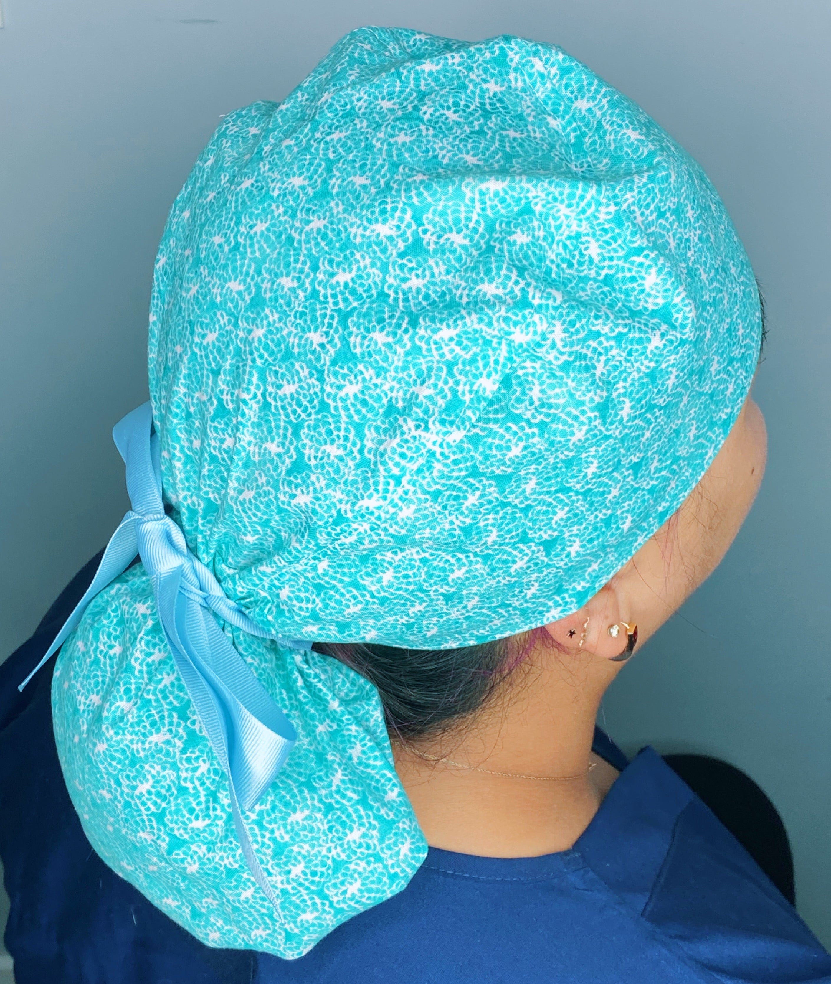 Small Little Delicate White Flowers on Aqua Floral Ponytail