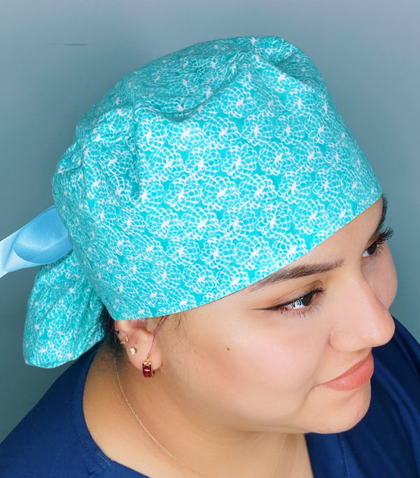 Small Little Delicate White Flowers on Aqua Floral Ponytail