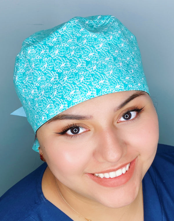 Small Little Delicate White Flowers on Aqua Floral Ponytail