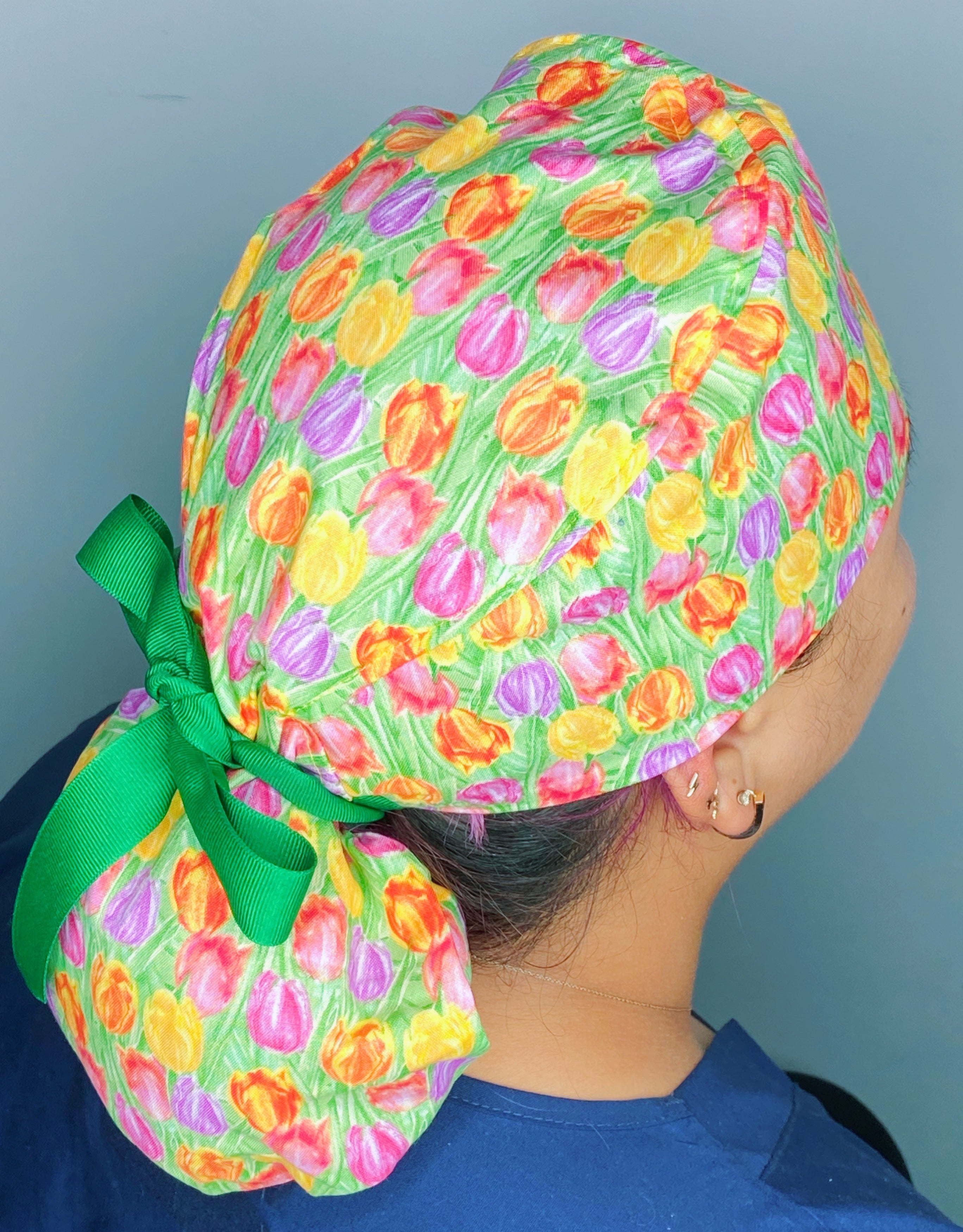 Colorful Tulip Flowers on Green Floral Ponytail