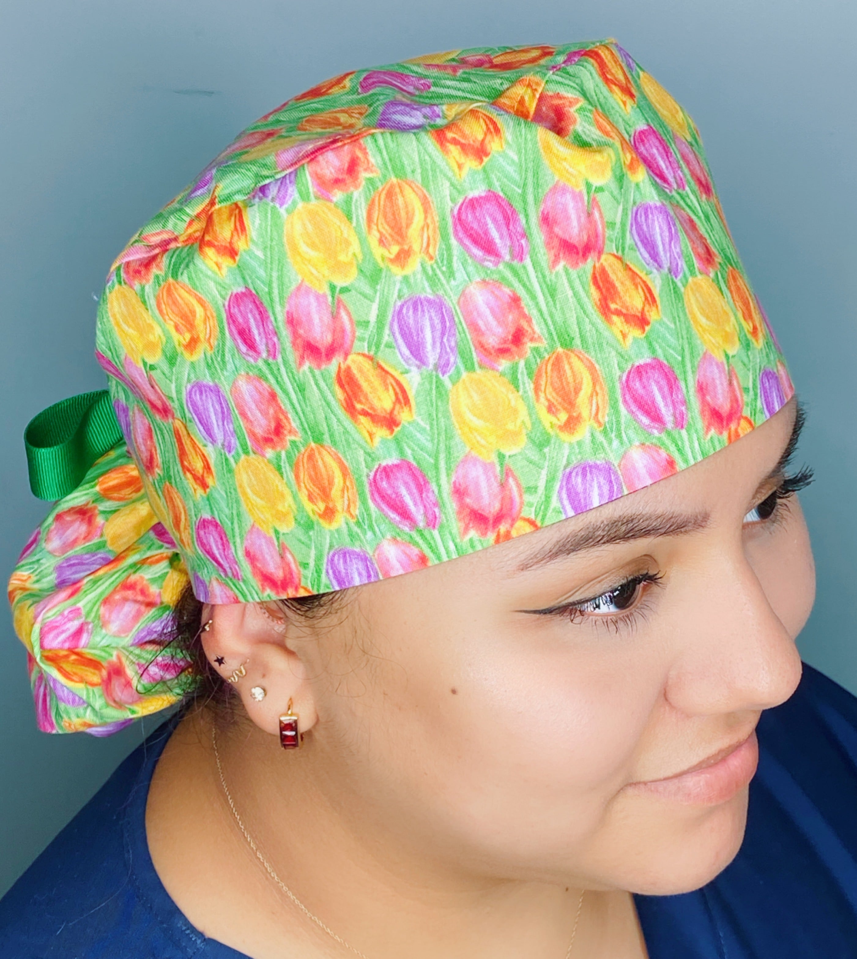 Colorful Tulip Flowers on Green Floral Ponytail