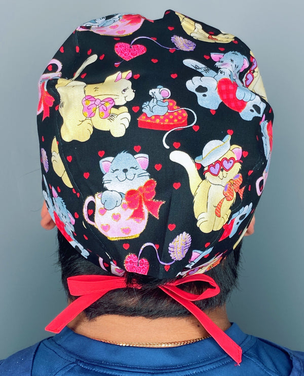 Cute Cats & Hearts Valentine's Day Unisex Holiday Scrub Cap