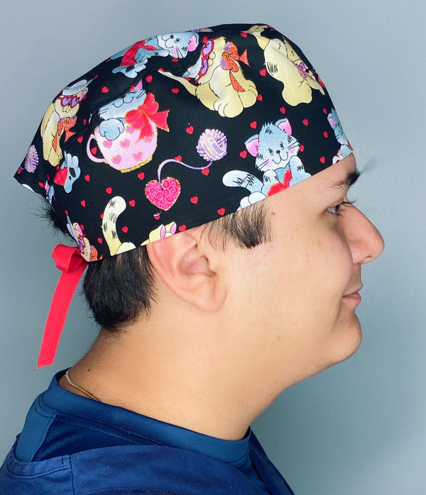 Cute Cats & Hearts Valentine's Day Unisex Holiday Scrub Cap