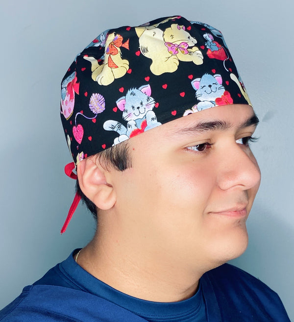 Cute Cats & Hearts Valentine's Day Unisex Holiday Scrub Cap