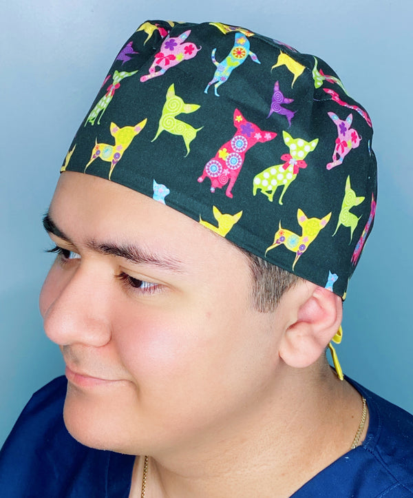 Colorful Chihuahuas on Black Unisex Animal Scrub Cap