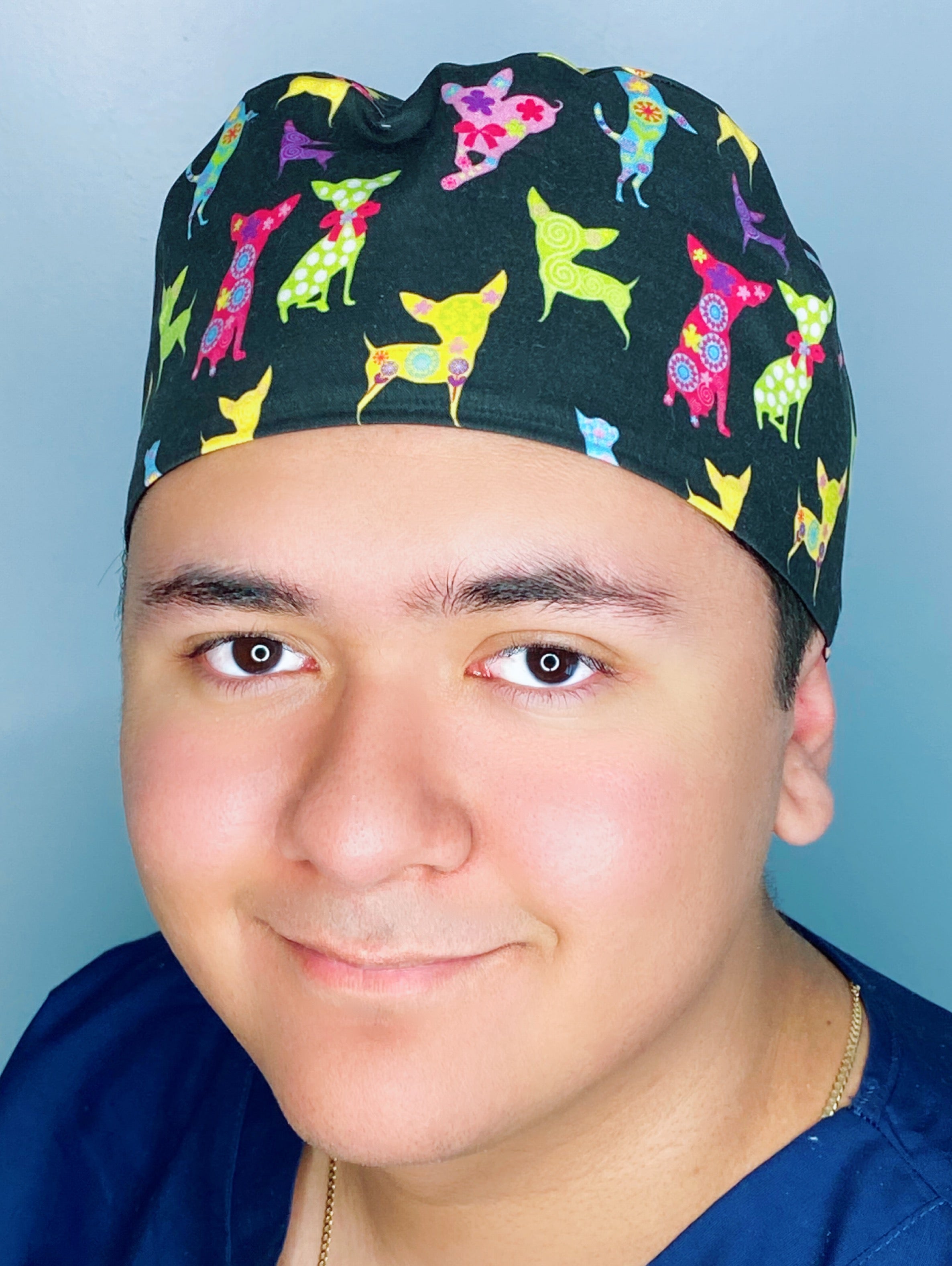 Colorful Chihuahuas on Black Unisex Animal Scrub Cap