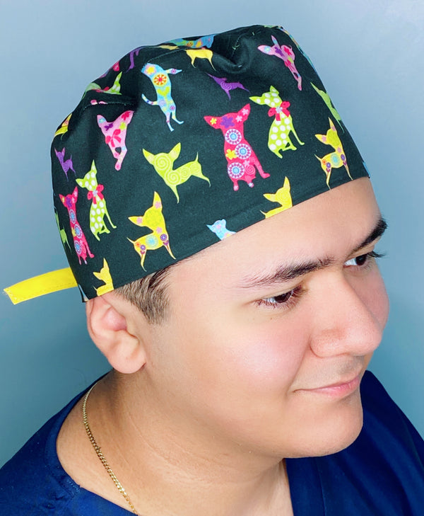 Colorful Chihuahuas on Black Unisex Animal Scrub Cap