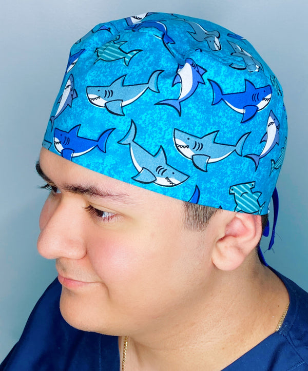 Cute Smiling Sharks on Blue Unisex Animal Scrub Cap