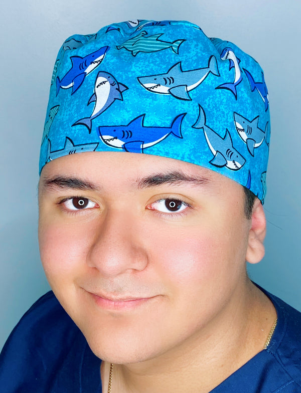 Cute Smiling Sharks on Blue Unisex Animal Scrub Cap