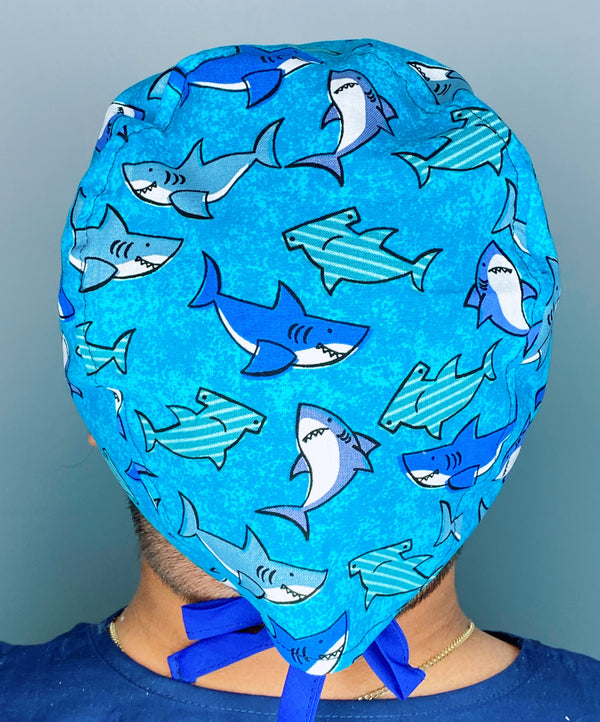 Cute Smiling Sharks on Blue Unisex Animal Scrub Cap