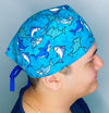 Cute Smiling Sharks on Blue Unisex Animal Scrub Cap