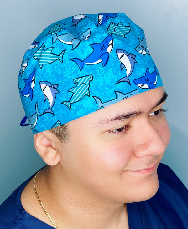 Cute Smiling Sharks on Blue Unisex Animal Scrub Cap