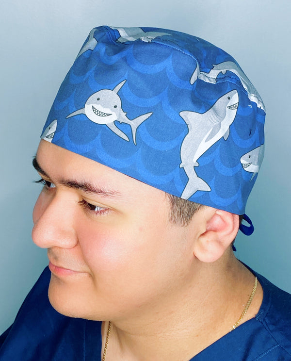 Cute Smiling Sharks on Blue Unisex Animal Scrub Cap