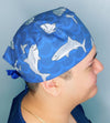 Cute Smiling Sharks on Blue Unisex Animal Scrub Cap