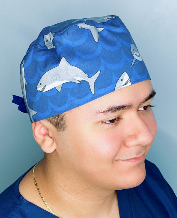 Cute Smiling Sharks on Blue Unisex Animal Scrub Cap