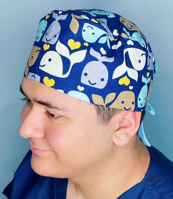 Cute Cartoon Whales on Navy Blue Unisex Animal Scrub Cap