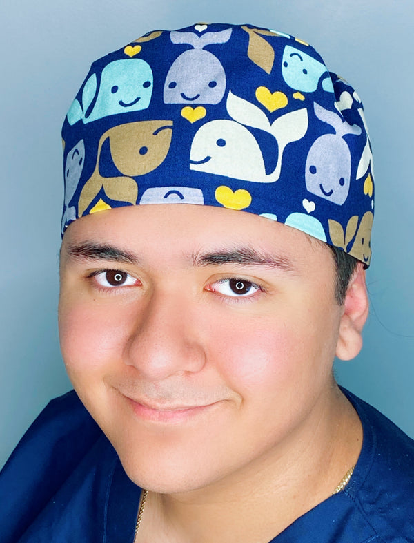 Cute Cartoon Whales on Navy Blue Unisex Animal Scrub Cap