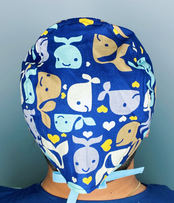 Cute Cartoon Whales on Navy Blue Unisex Animal Scrub Cap
