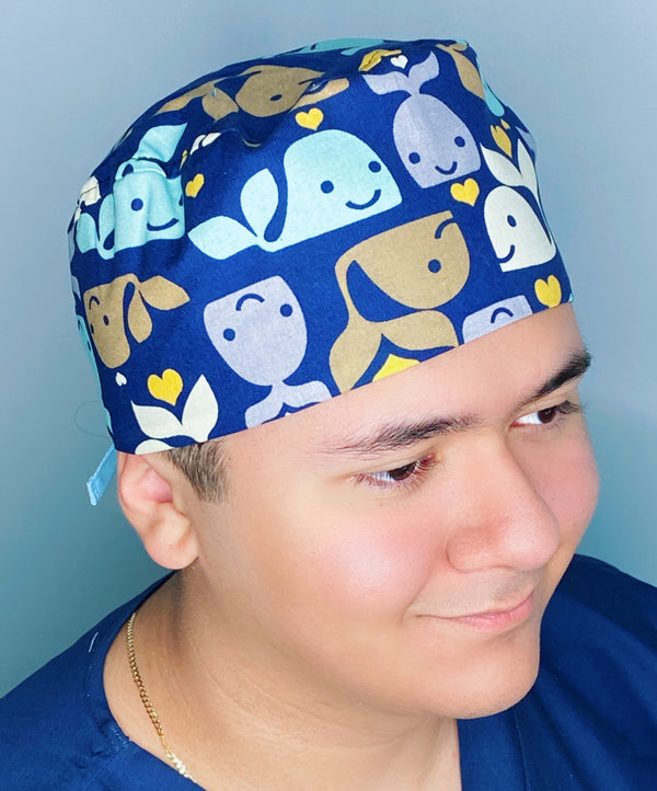 Cute Cartoon Whales on Navy Blue Unisex Animal Scrub Cap