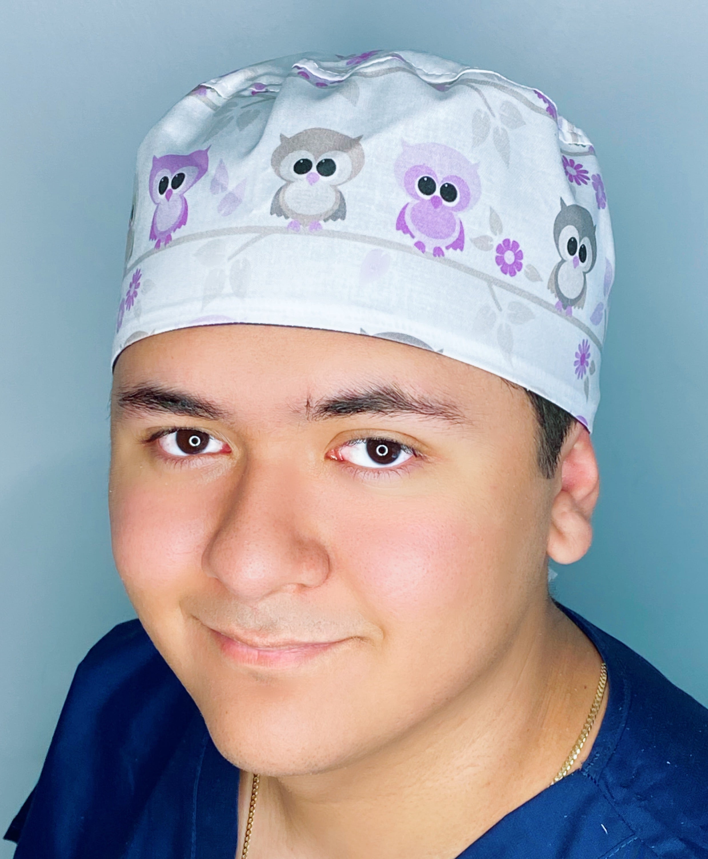 Adorable Purple Owls on White Unisex Animal Scrub Cap