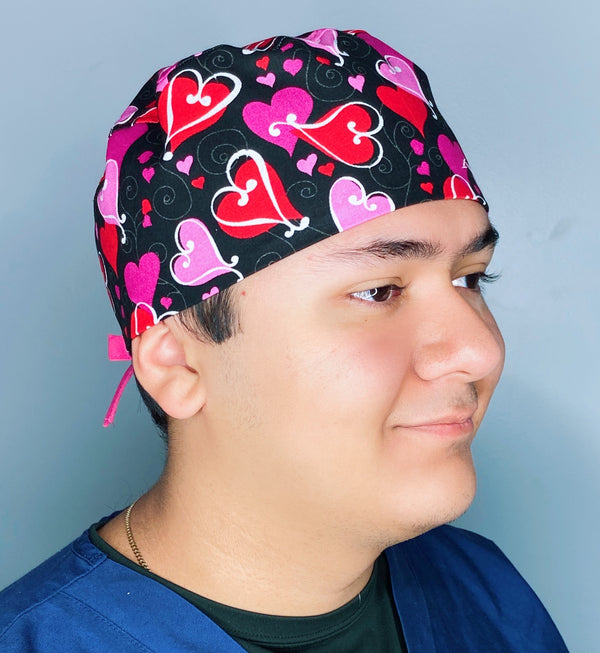 Looped Hearts on Black Valentine's Day Unisex Holiday Scrub Cap