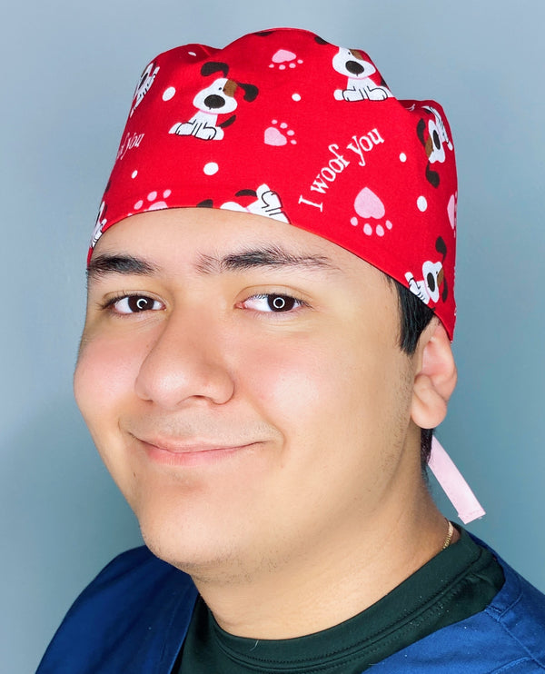 I Woof You Pups on Red Valentine's Day Unisex Holiday Scrub Cap