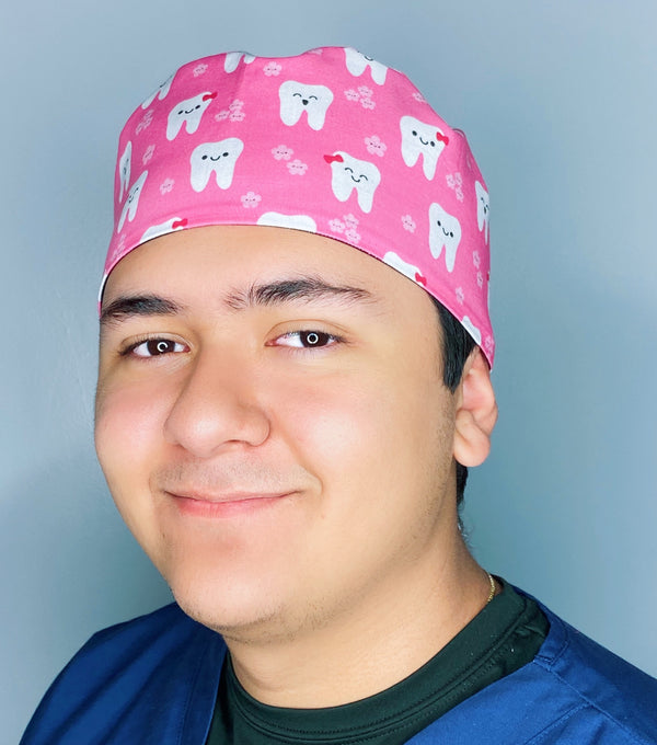 Happy Teeth with Flowers on Magenta Dental Scrub Caps