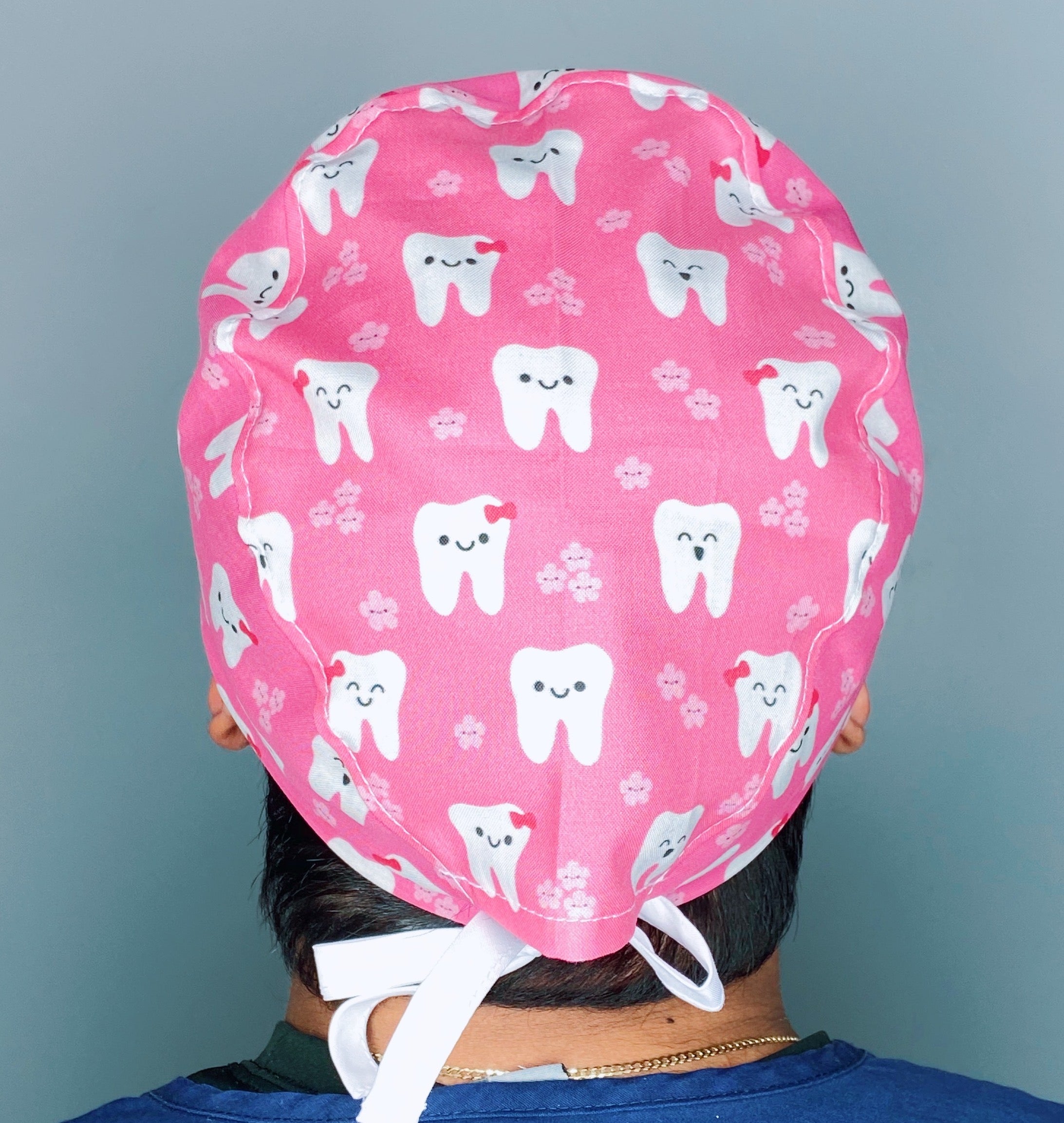 Happy Teeth with Flowers on Magenta Dental Scrub Caps