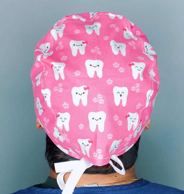 Happy Teeth with Flowers on Magenta Dental Scrub Caps