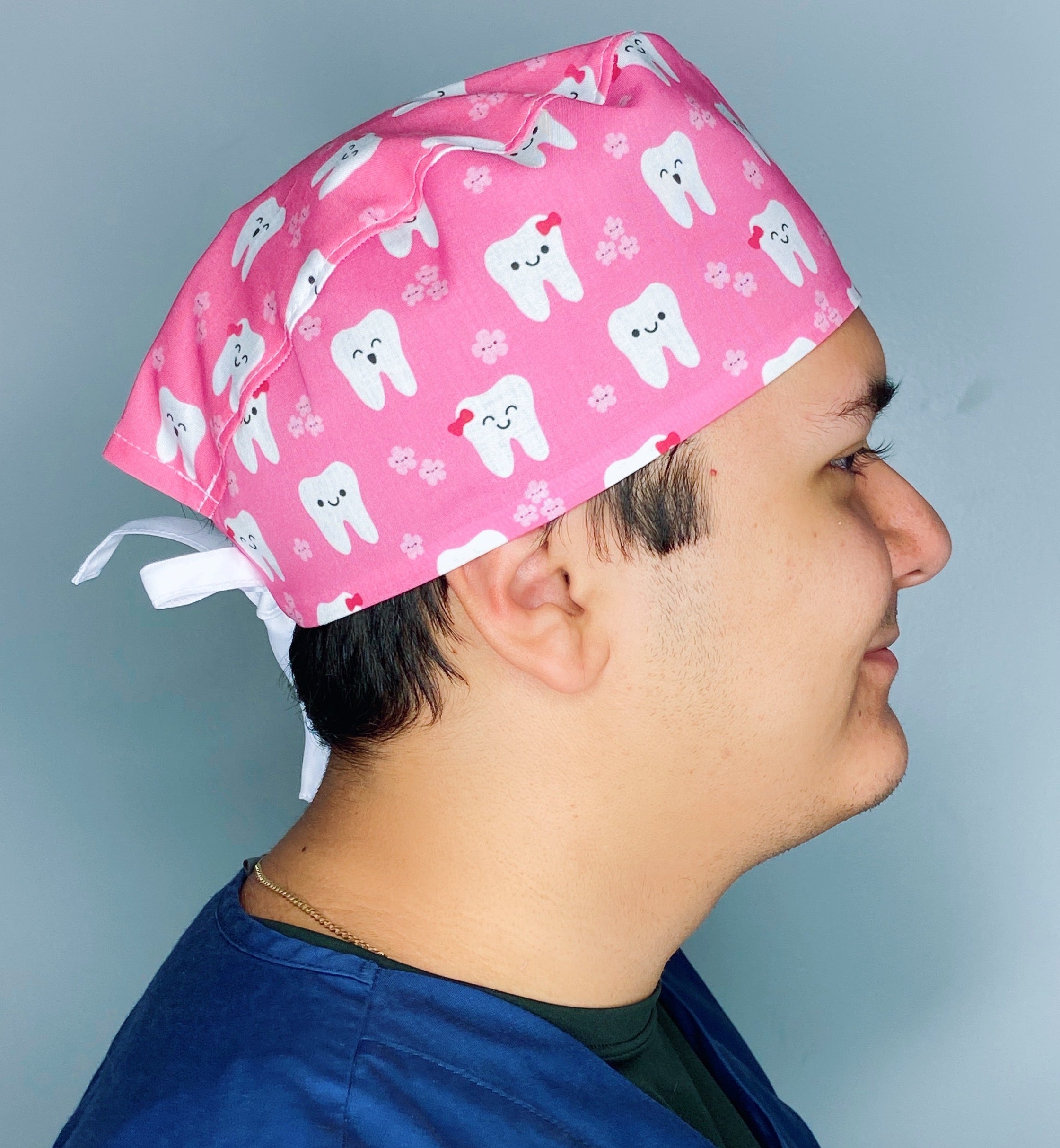 Happy Teeth with Flowers on Magenta Dental Scrub Caps