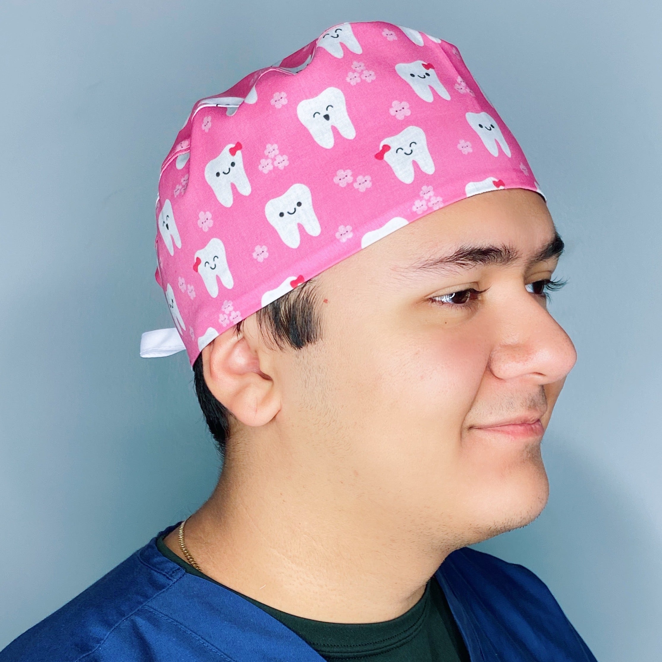 Happy Teeth with Flowers on Magenta Dental Scrub Caps