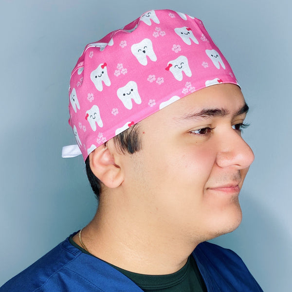 Happy Teeth with Flowers on Magenta Dental Scrub Caps