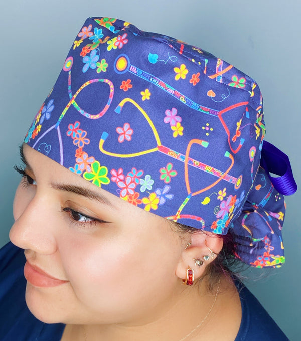 Retro 80s Stethoscope & Flowers Medical Themed Ponytail