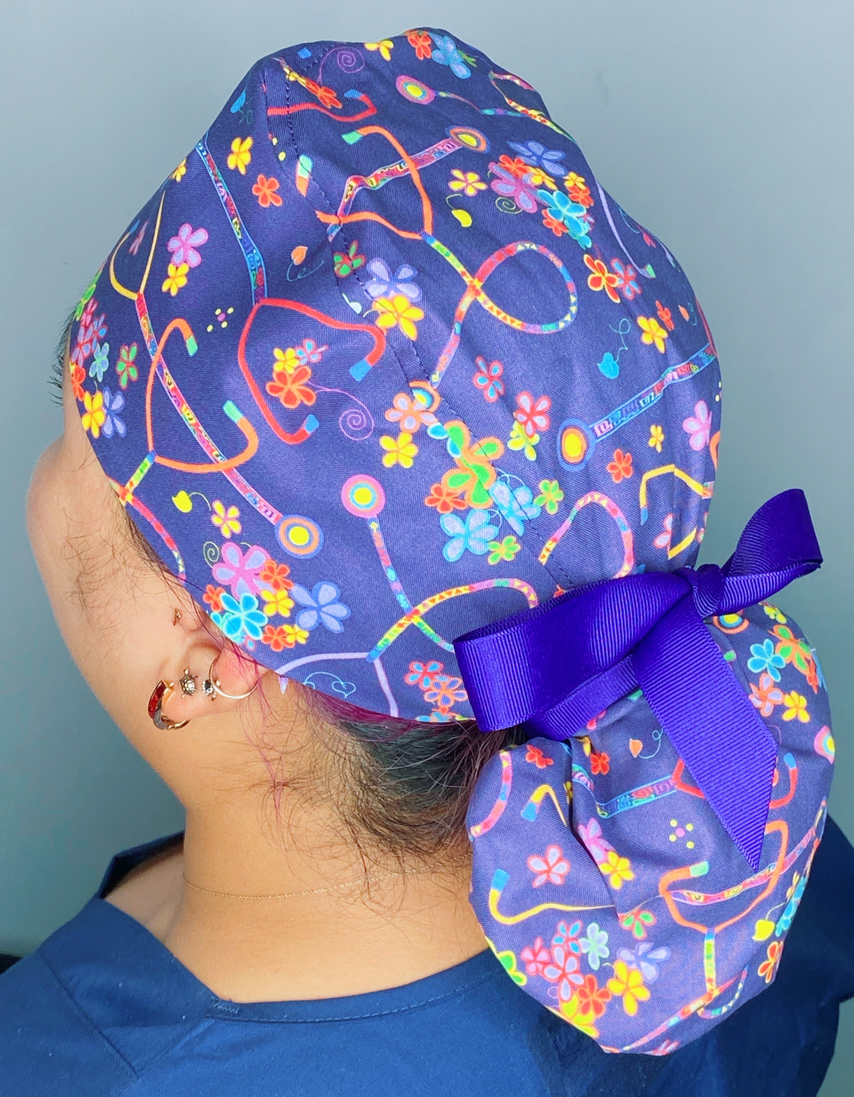 Retro 80s Stethoscope & Flowers Medical Themed Ponytail