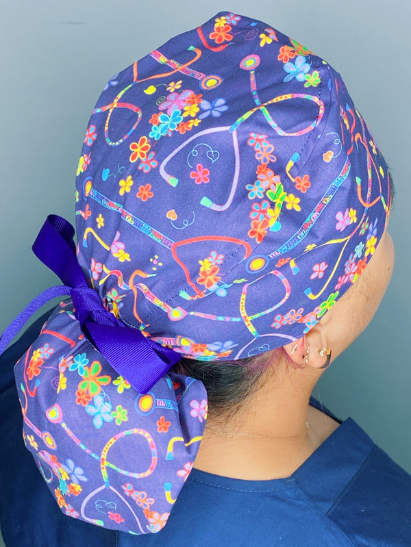 Retro 80s Stethoscope & Flowers Medical Themed Ponytail