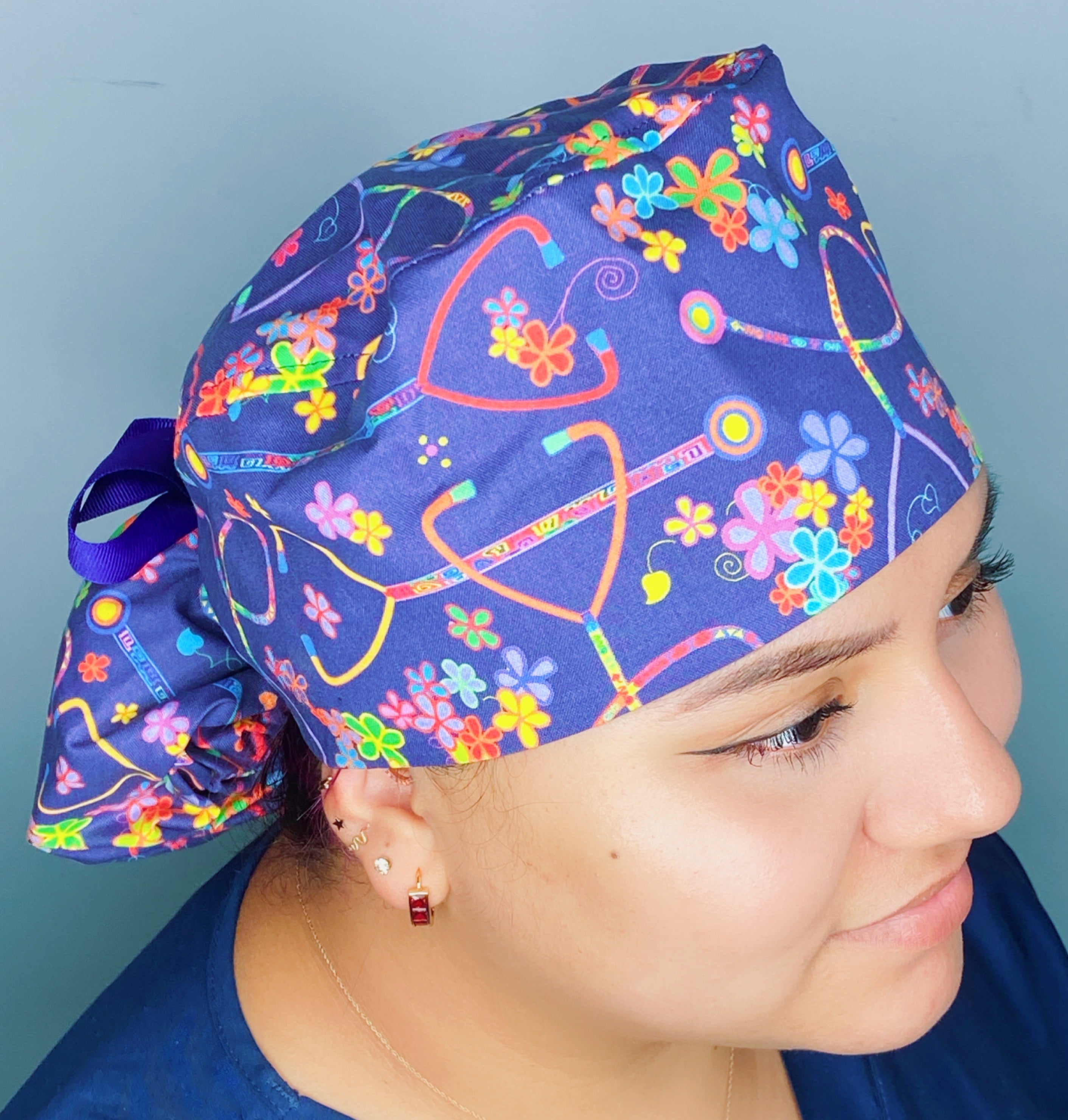 Retro 80s Stethoscope & Flowers Medical Themed Ponytail