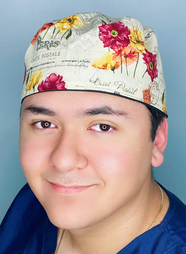 Paris Carte Postale Floral Design Unisex Cute Scrub Cap