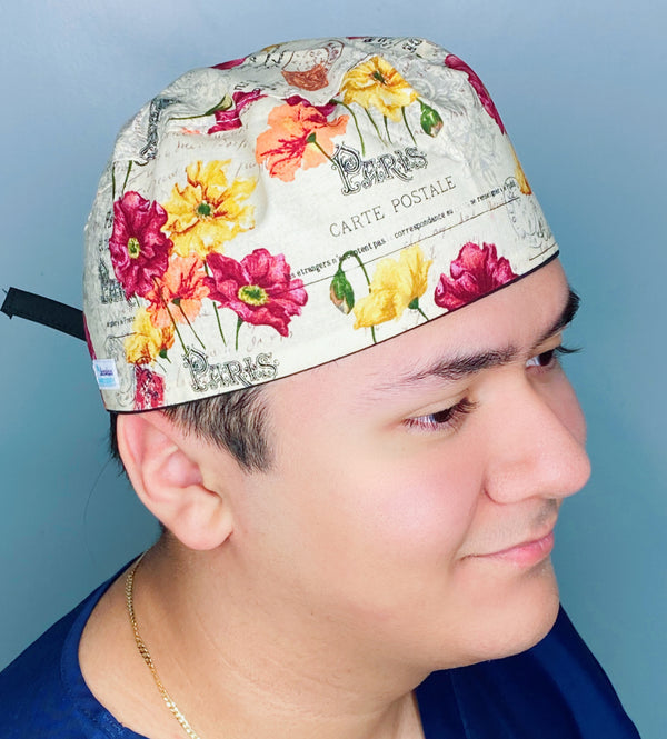Paris Carte Postale Floral Design Unisex Cute Scrub Cap