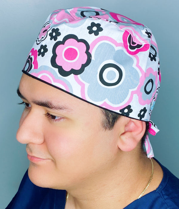 Pink & Grey Floral Design Unisex Cute Scrub Cap