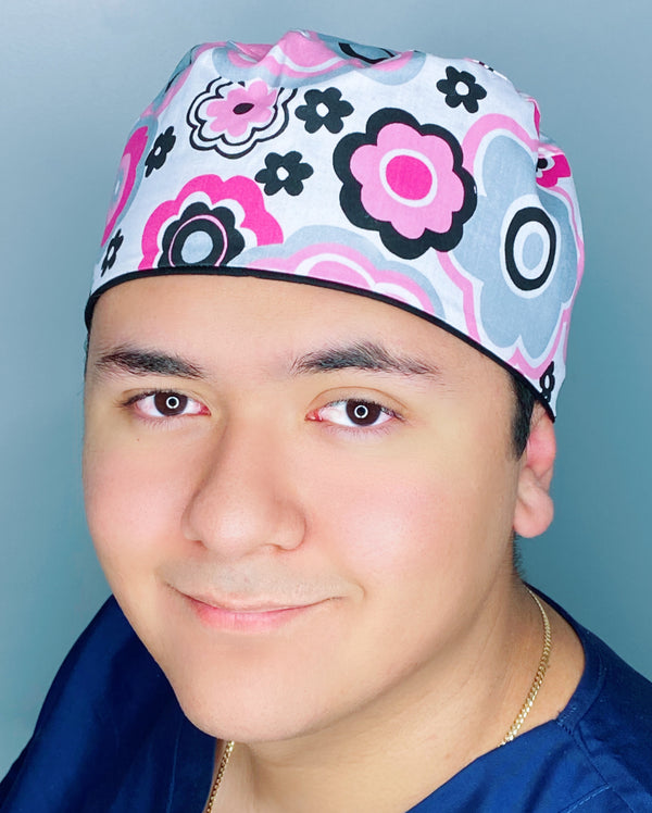 Pink & Grey Floral Design Unisex Cute Scrub Cap