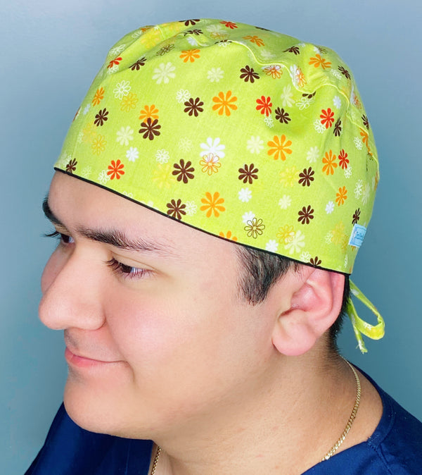 Small Flowers on Green Floral Design Unisex Cute Scrub Cap
