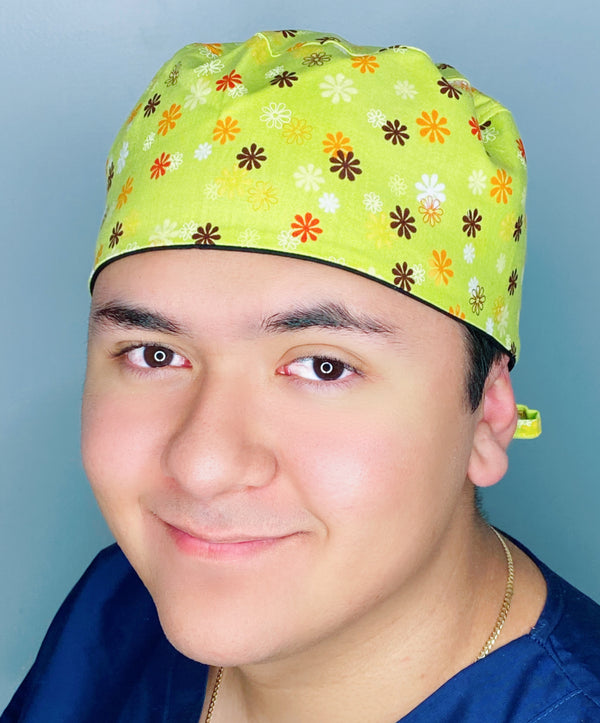 Small Flowers on Green Floral Design Unisex Cute Scrub Cap