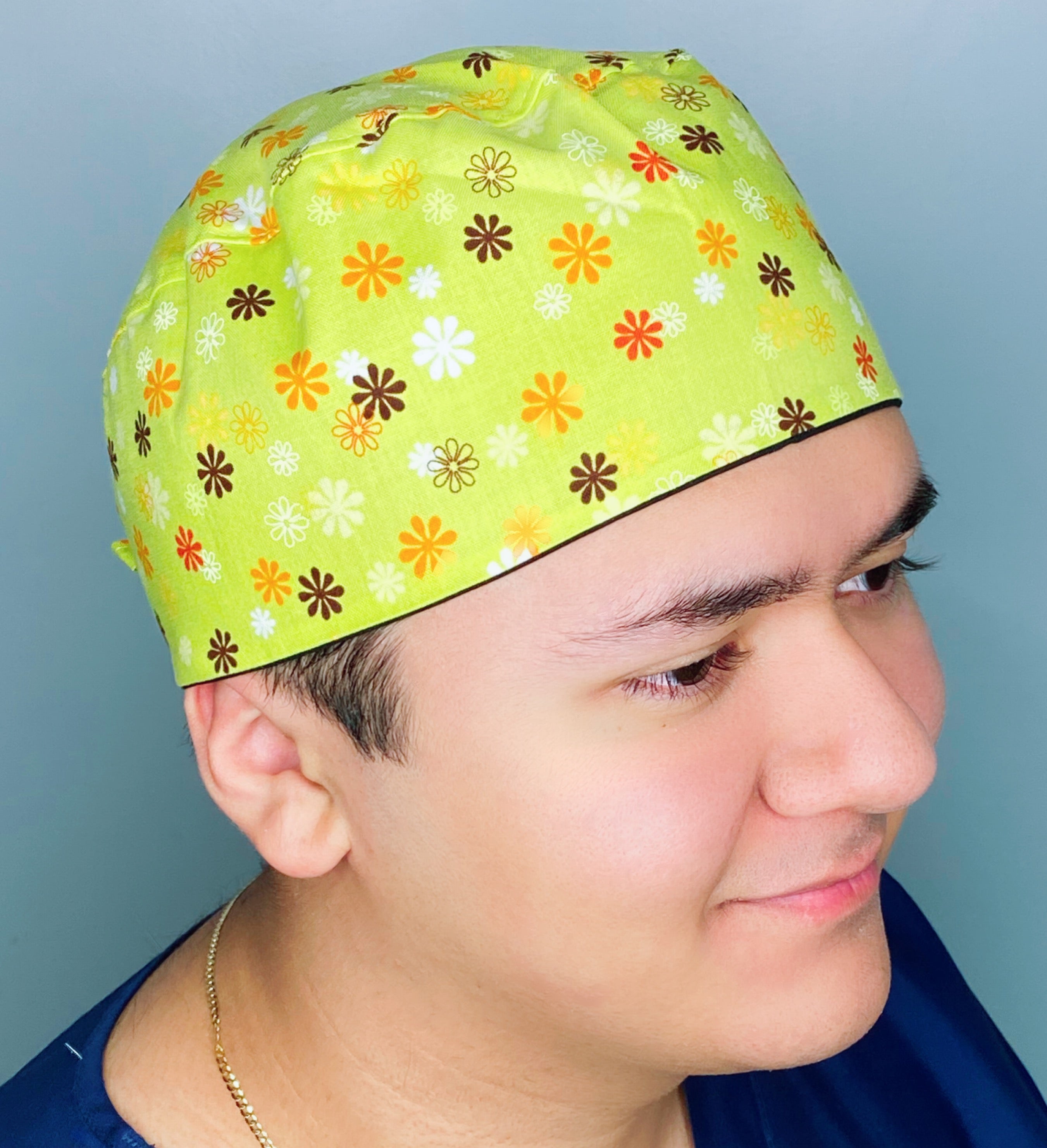 Small Flowers on Green Floral Design Unisex Cute Scrub Cap