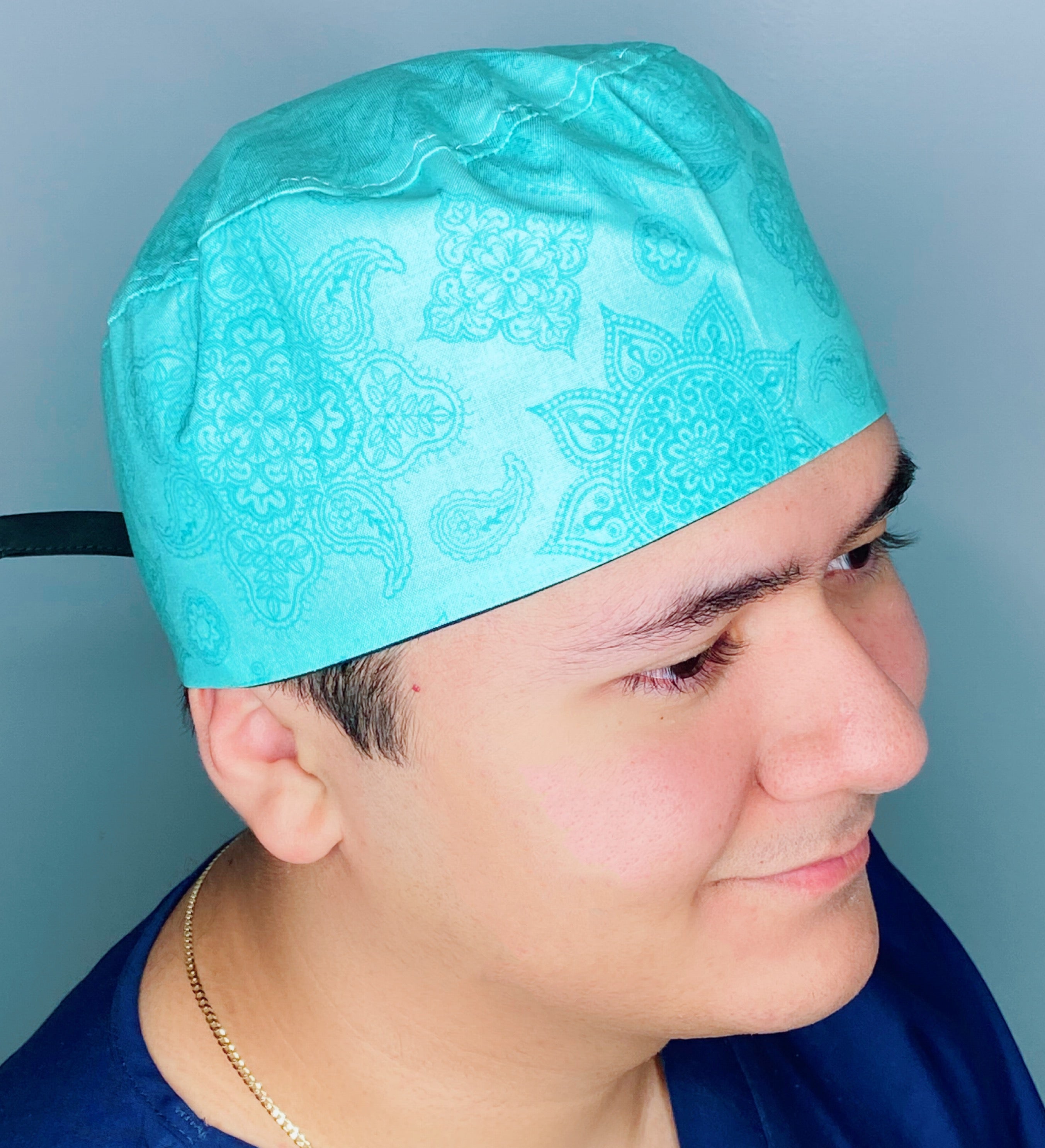 Turquoise Arabesque Mandala Floral Design Unisex Cute Scrub Cap