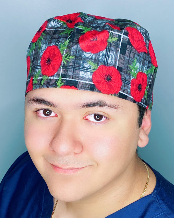 Red Flowers On Dark Grey Plaid Floral Design Unisex Cute Scrub Cap