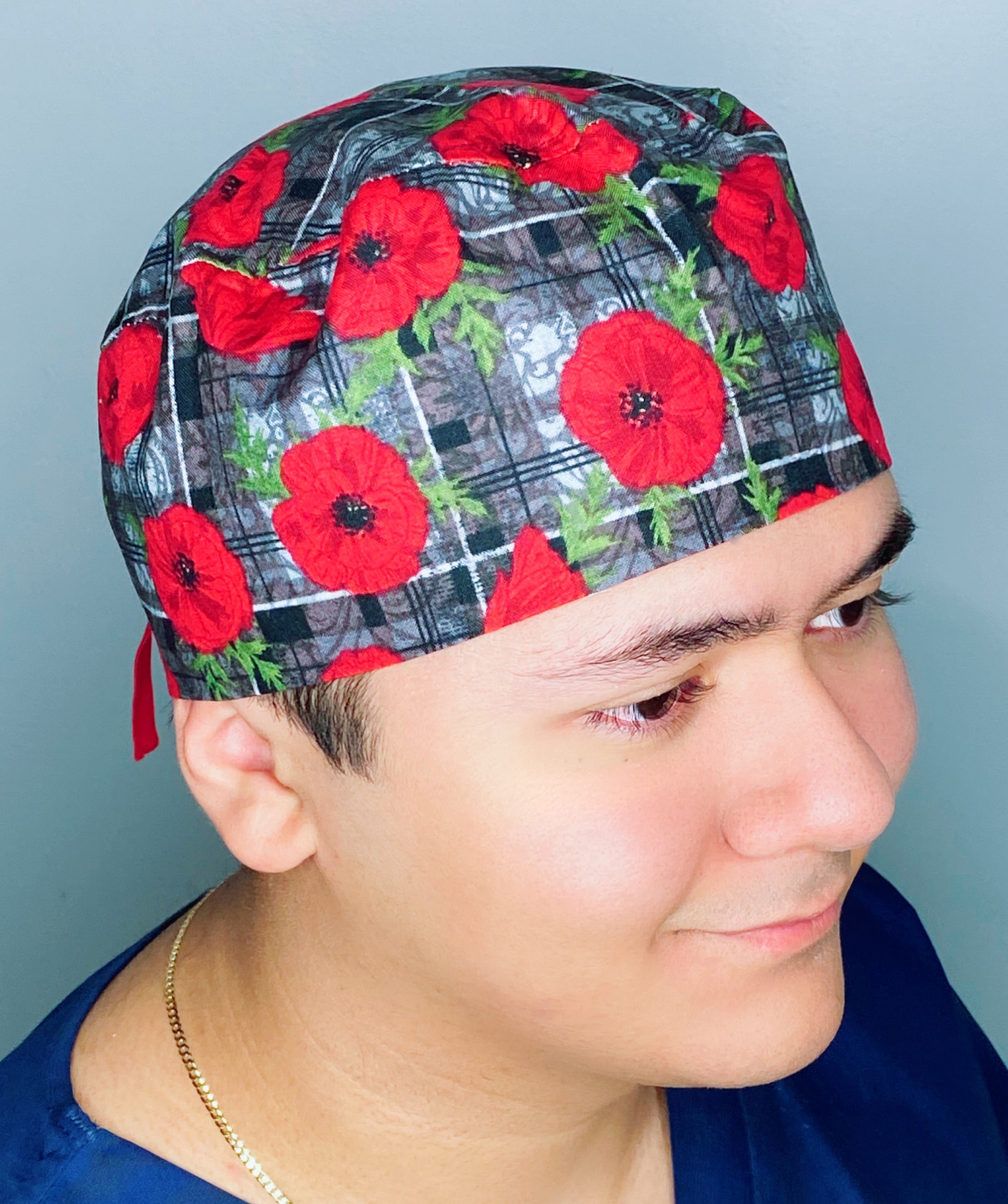 Red Flowers On Dark Grey Plaid Floral Design Unisex Cute Scrub Cap