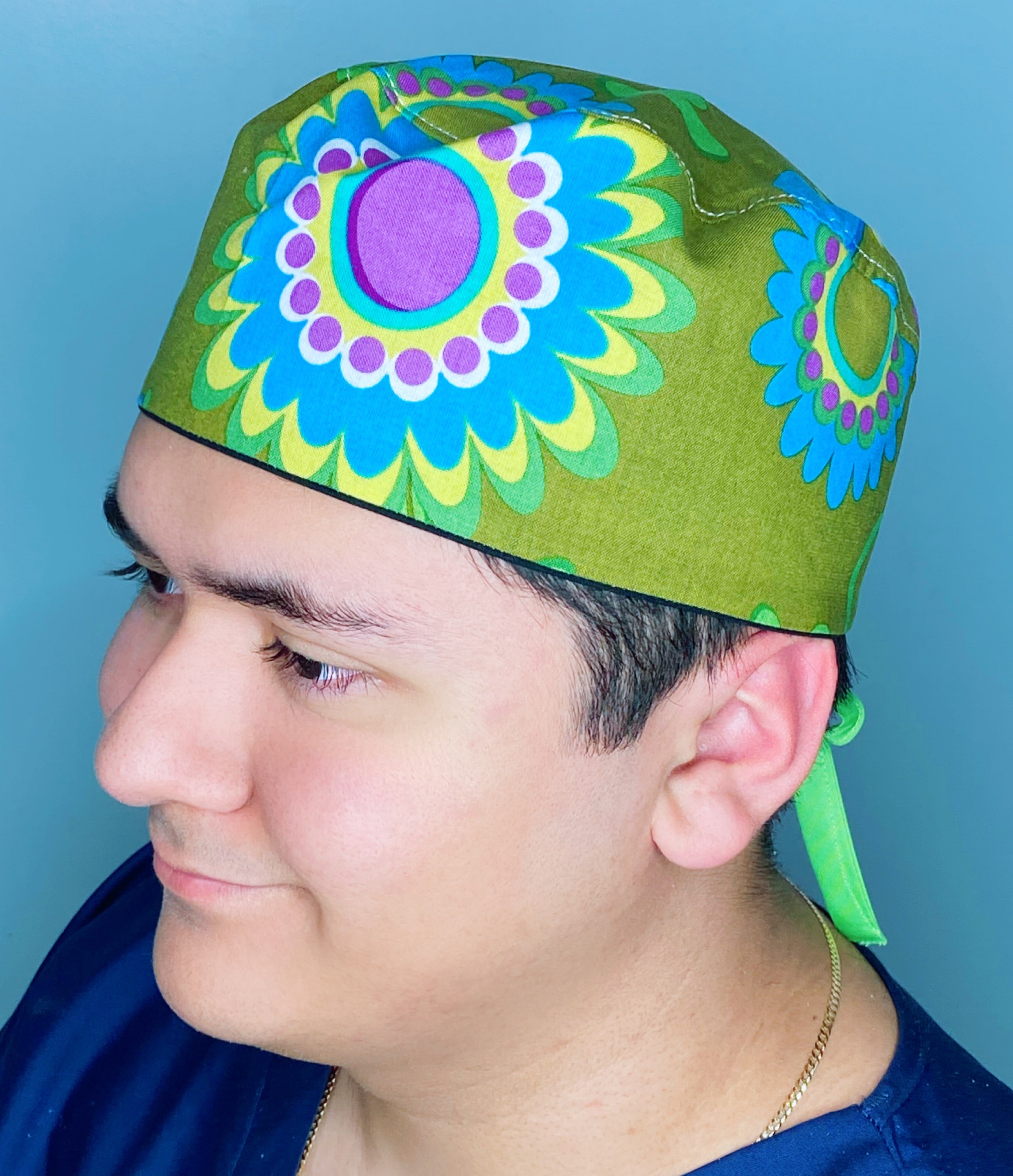 Big Colorful Flowers on Green Floral Design Unisex Cute Scrub Cap