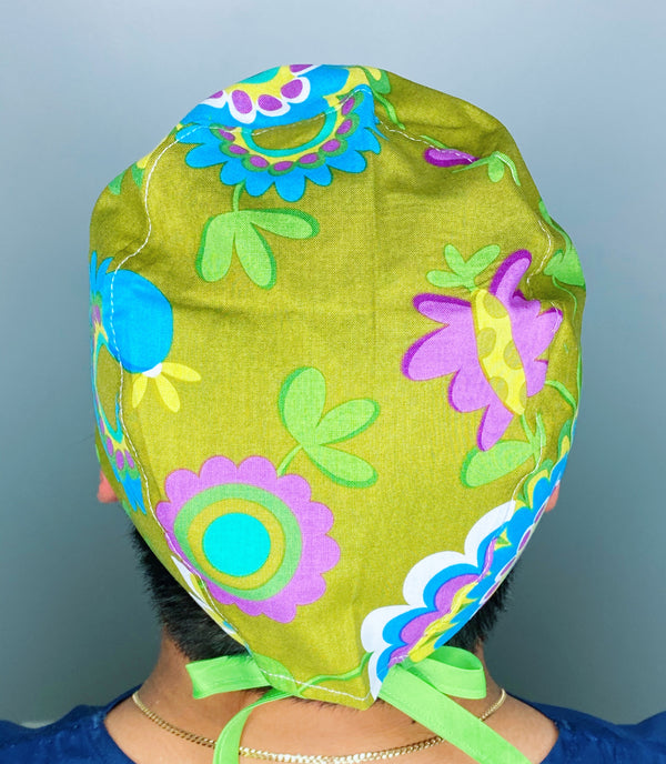 Big Colorful Flowers on Green Floral Design Unisex Cute Scrub Cap